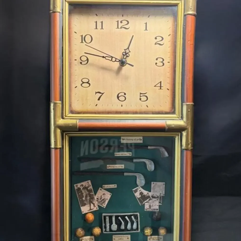 Vintage Looking Shadowbox Wood And Brass Accent Clock History Of Golf. 19